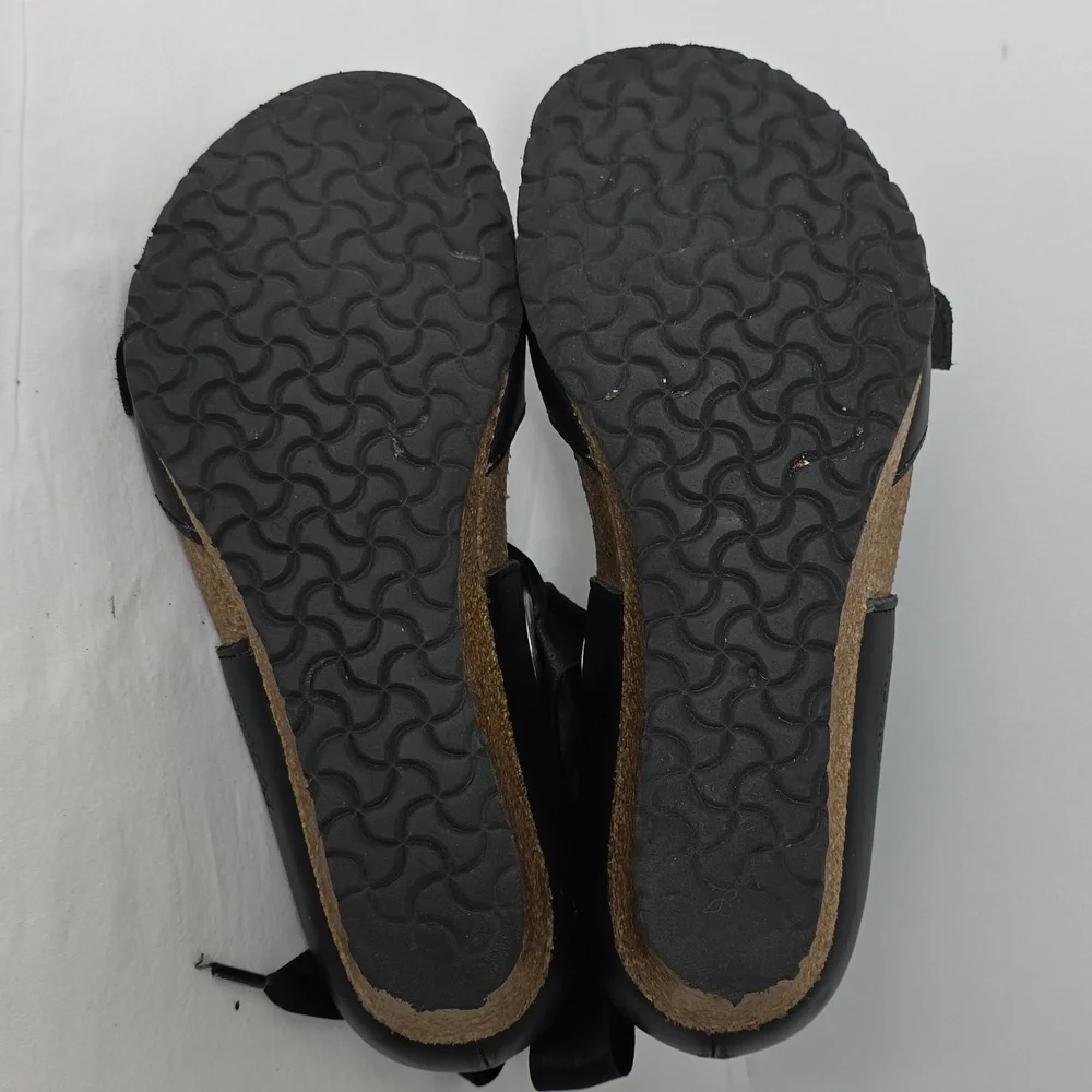 Papillio Birkenstock Black Emmy Leather Ankle Tie Strap Wedge Sandals Size 37‎